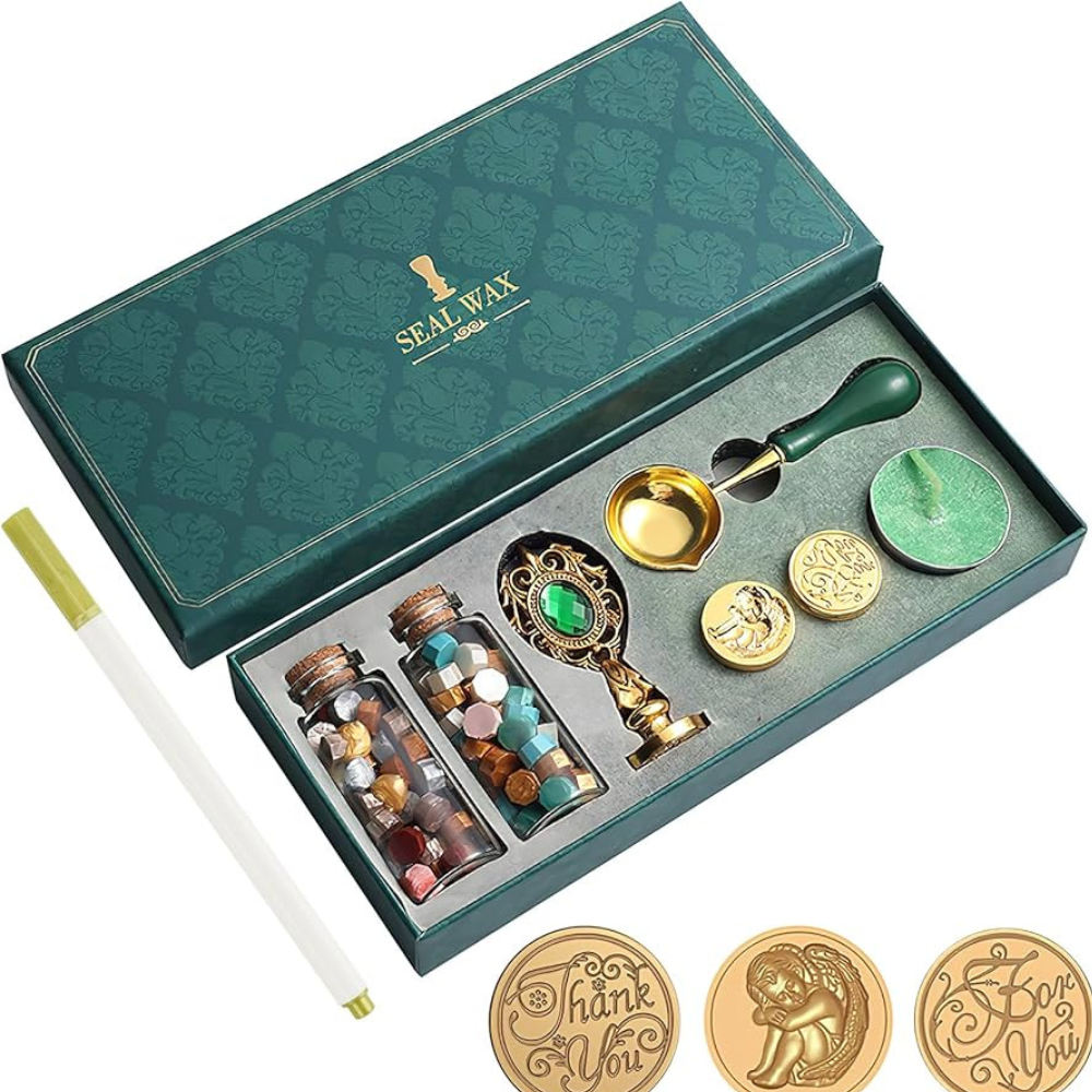 Vintage Retro Wax Seal Stamp Kit Wax Seal Kit Gift Box Set DIY Creativity - Green
